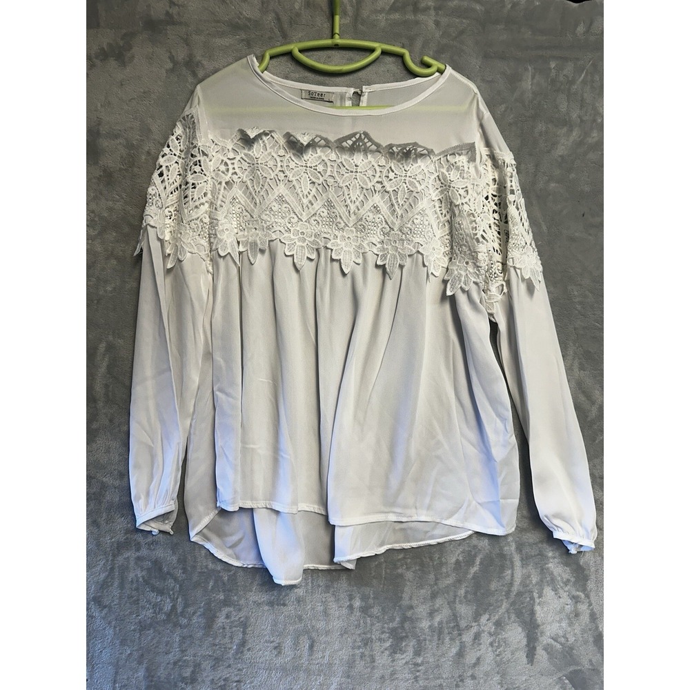 SoTeer White Crochet Lace Long Sleeve Blouse‎ Boho Keyhole Back Top L